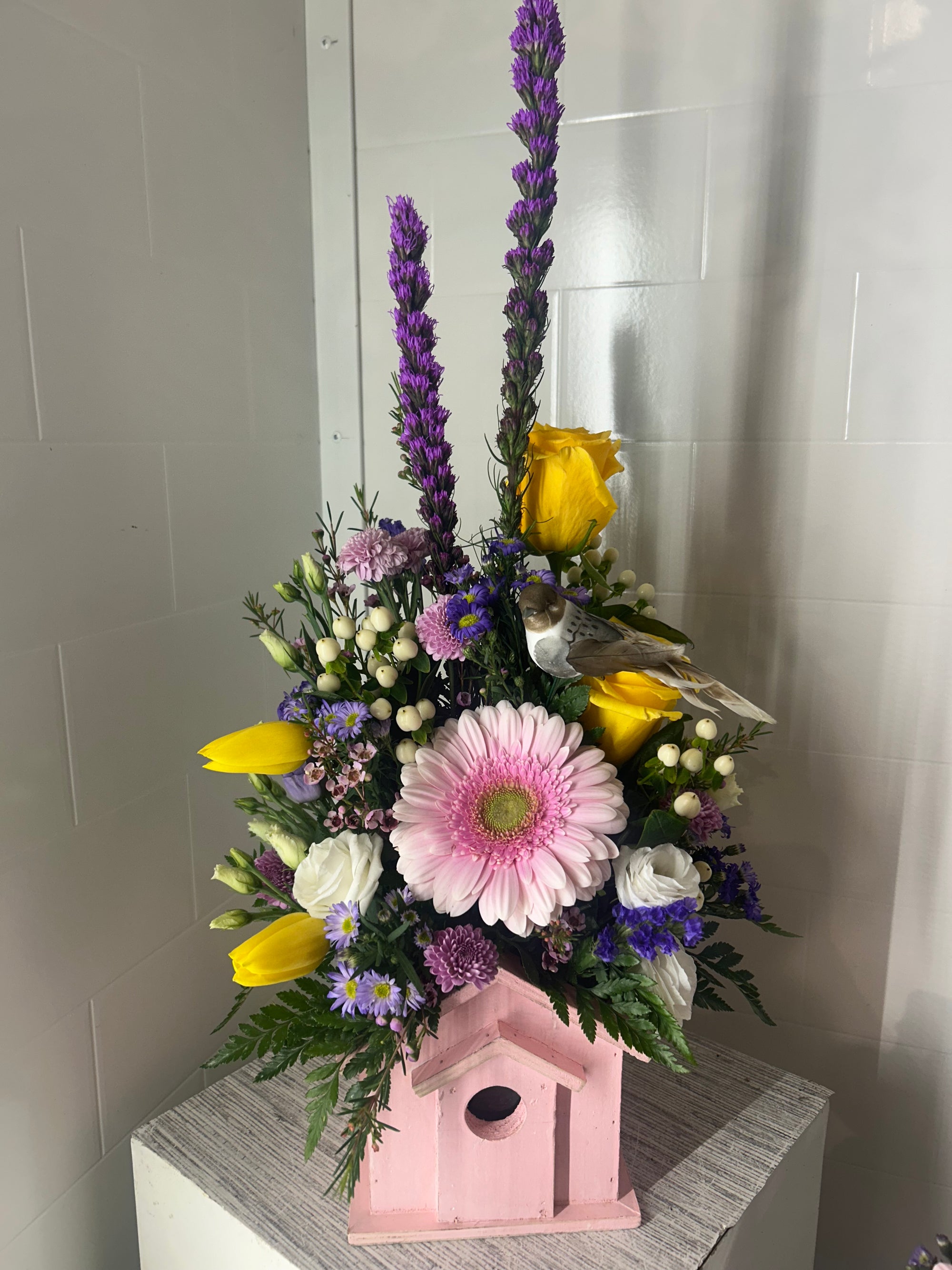 “Pretty pastel birdhouse” Mother’s Day Flower arrangement